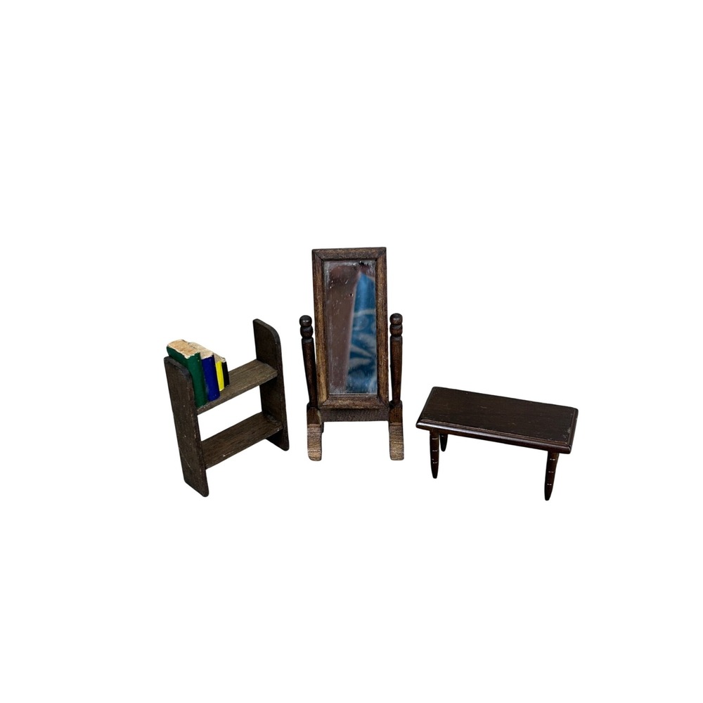 Dollhouse Miniature Furniture Set Bookcase Mirror Table‎ Vintage Wooden